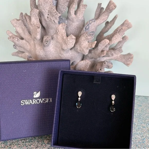 Rare Swarovski Blue Pear-Cut And Clear Crystals Vintage Drop Earrings 19mm - Picture 6 of 16